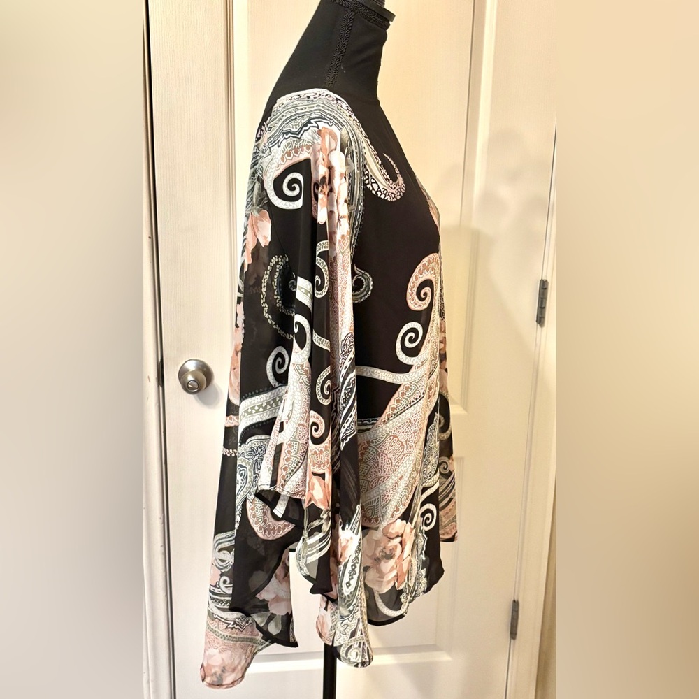 Bob Mackie 3X Black Sheer Rose Paisley Poncho Kimono topper pink floral flutter - Picture 6 of 14